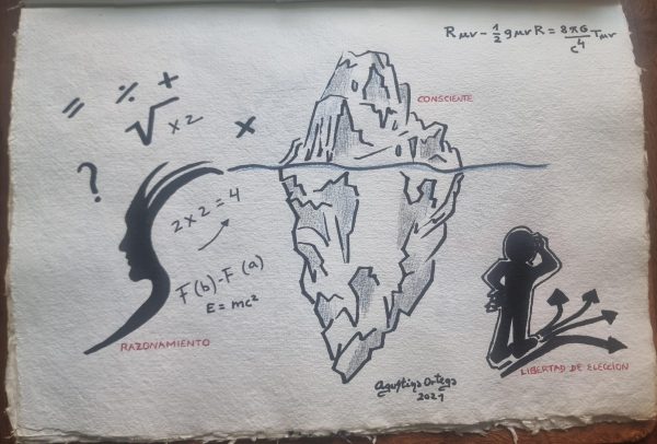 Papel hecho a mano y dibujo a mano alzada reflexión sobre la consciencia , medidas 39x27cm