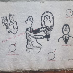 Papel hecho a mano y dibujo a mano alzada reflexión sobre la consciencia , medidas 39x27cm