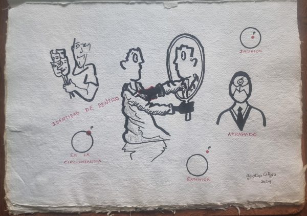 Papel hecho a mano y dibujo a mano alzada reflexión sobre la consciencia , medidas 39x27cm