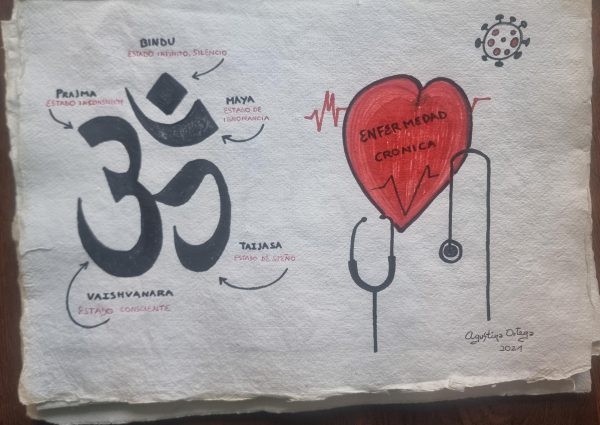 Papel hecho a mano y dibujo a mano alzada reflexión sobre la consciencia , medidas 39x27cm