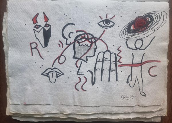 Papel hecho a mano y dibujo a mano alzada reflexión sobre la consciencia , medidas 39x27cm