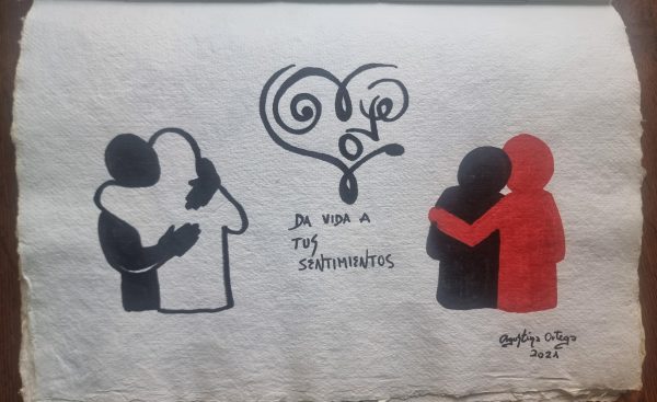 Papel hecho a mano y dibujo a mano alzada reflexión sobre la consciencia , medidas 39x27cm