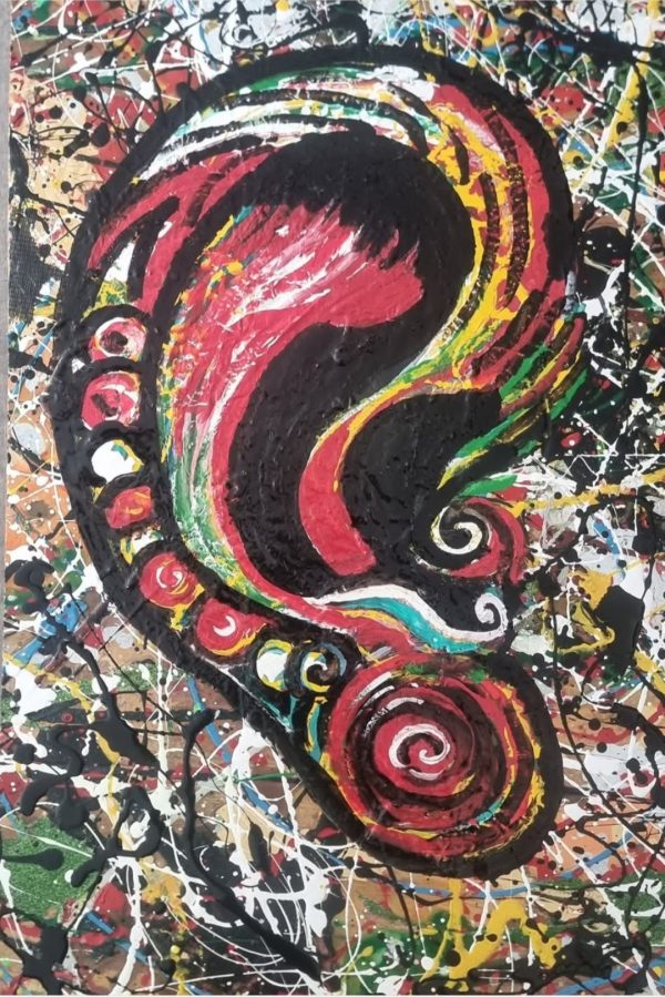 OIDO Técnica mixta, pintado a mano sobre madera, medidas 90x43cm año 2025