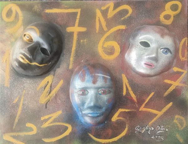Técnica mixta, lienzo con máscaras pintadas y hechas de escayola, medidas 65x50cm año 2015