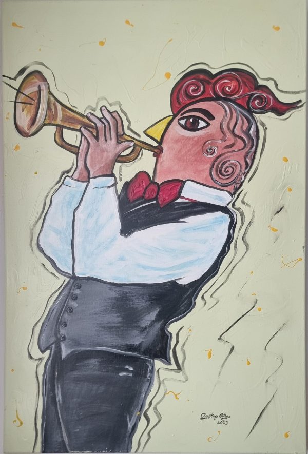 Trompetista en Lienzo,medidas 90x60cm, Técnica mixta, año 2023