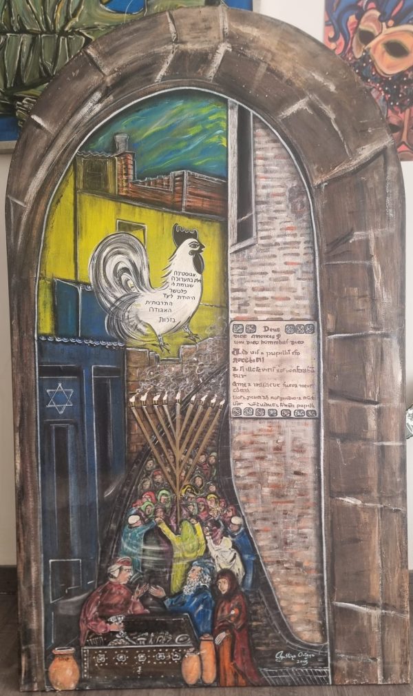Lienzo 1,50x88 Técnica mixta, januca año 2015 y por detrás agustina con su gallina 2014